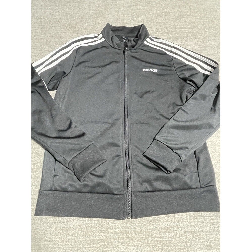 Adidas Jacket Men’s Large Black Long Sleeve Track Jacket Stripes Logo Full Zip